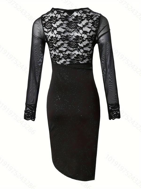 Women's Glitter Ruched Asymmetrical Hem Lace Bodycon Dress, Elegant Long Sleeve V Neck Short Dress for Party Club Dating Wear, Ladies Clothes for All Seasons