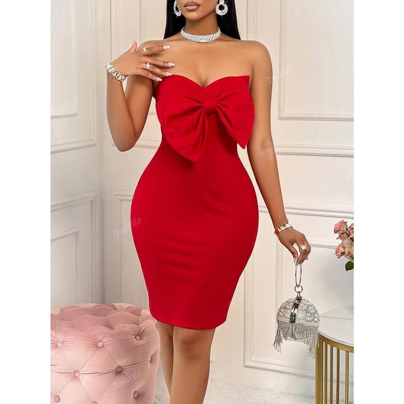 Women's Elegant & Sexy Red Color Big Bow Decor Fitted Tube Dress For Party ,Christmas Party,Valentines Day,Bachelor Party