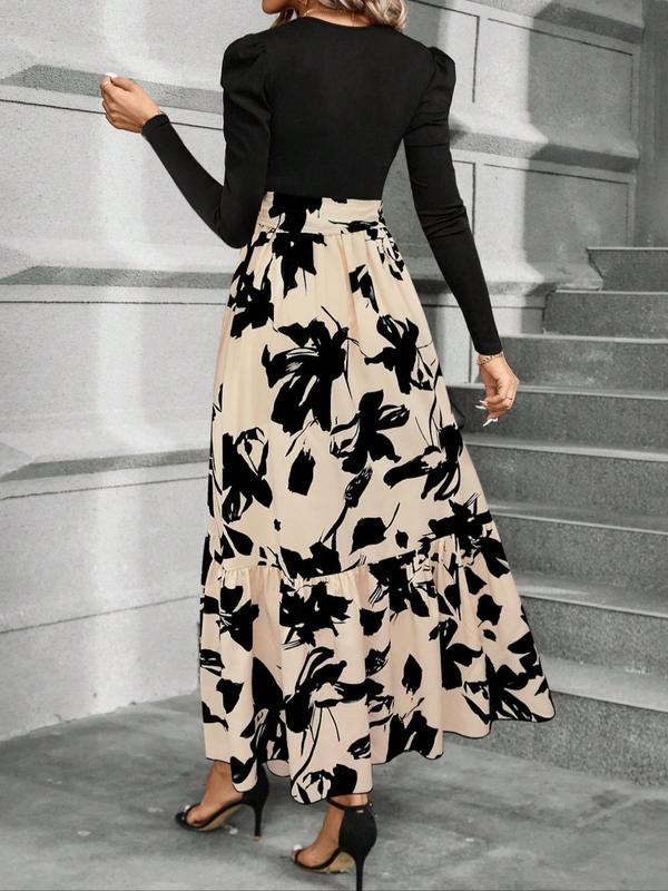 Women's Floral Print Tie Front Ruffle Hem A Line Skirt, Elegant Long Sleeve Round Neck Skirt for Spring & Fall, Women's Clothing for Daily Wear