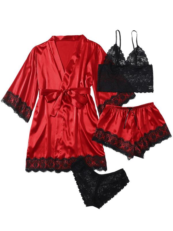 Women's Satin Pajama Set 4 Piece Floral Lace Camisole Lingerie Nightgown With Robe