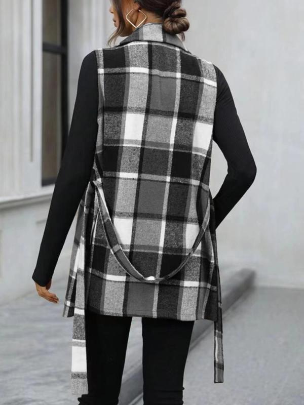 Women's Plaid Print Belted V Neck Waistcoat, Casual Fashion Comfy Gilet Coat for Daily Outdoor Wear, Women Clothes for Fall, Lady Fitted Vest Coat Womenswear, Back To School Outfit for Christmas, Halloween, Halloween Costume