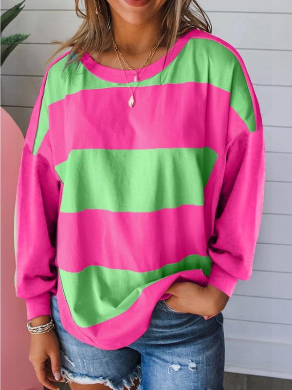 Women's Colorblock Striped Print Round Neck Tee, Casual Long Sleeve Crew Neck T-shirt for Fall & Winter, Women's Top for Daily Wear