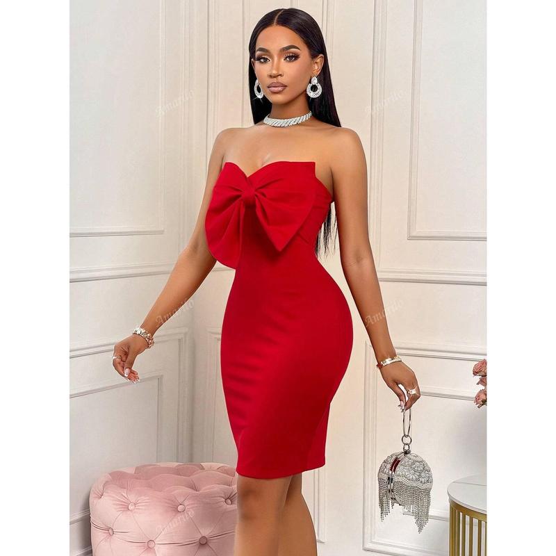 Women's Elegant & Sexy Red Color Big Bow Decor Fitted Tube Dress For Party ,Christmas Party,Valentines Day,Bachelor Party