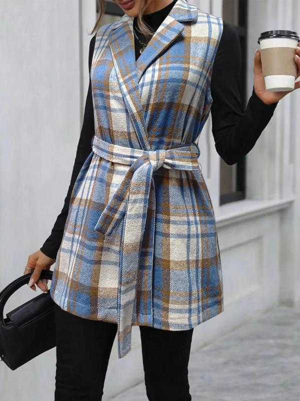 Women's Plaid Print Belted V Neck Waistcoat, Casual Fashion Comfy Gilet Coat for Daily Outdoor Wear, Women Clothes for Fall, Lady Fitted Vest Coat Womenswear, Back To School Outfit for Christmas, Halloween, Halloween Costume