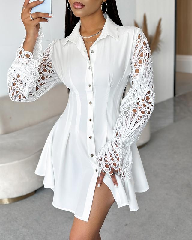 ChicMe Women A-Line Button Down Long Sleeve Shirt Dresses Turn-down Collar Eyelet Embroidery Casual Mini Dress Fit Womenswear