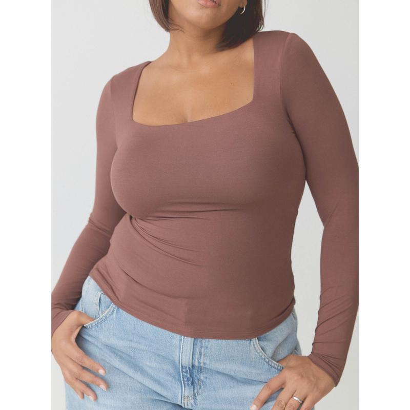 Solid Square Neck Braless Long Sleeve Women's Top