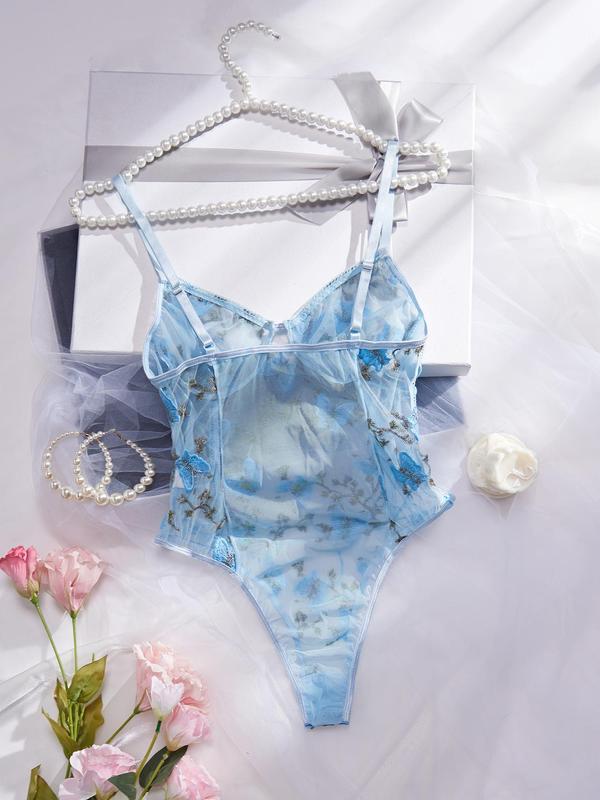 Women's Butterfly Embroidery Lace Up Sheer Tulle Sexy Bodysuit, Elegant Sexy Adjustable Strap Lingerie Bodysuit, Women Sexy Underwear for All Seasons