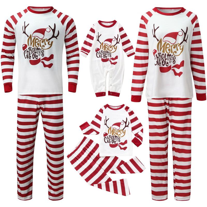 Striped Patchwork Christmas Pajamas Family Reindeer Print Family Matching Outfits Sleepwear Top Pants Adults Kids Pajama Set