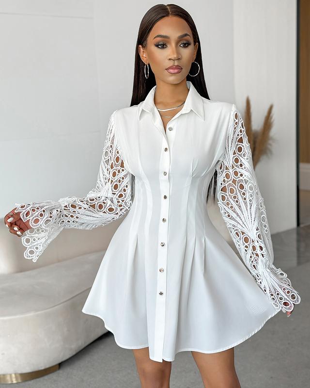 ChicMe Women A-Line Button Down Long Sleeve Shirt Dresses Turn-down Collar Eyelet Embroidery Casual Mini Dress Fit Womenswear