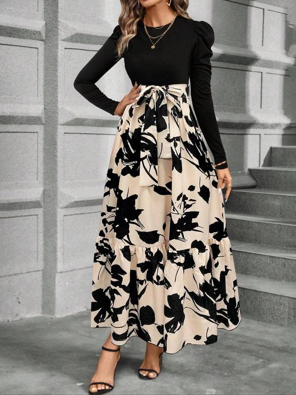 Women's Floral Print Tie Front Ruffle Hem A Line Skirt, Elegant Long Sleeve Round Neck Skirt for Spring & Fall, Women's Clothing for Daily Wear