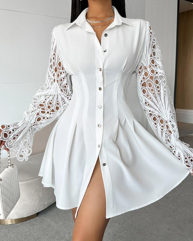 ChicMe Women A-Line Button Down Long Sleeve Shirt Dresses Turn-down Collar Eyelet Embroidery Casual Mini Dress Fit Womenswear