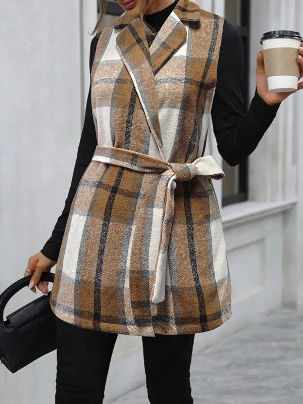 Women's Plaid Print Belted V Neck Waistcoat, Casual Fashion Comfy Gilet Coat for Daily Outdoor Wear, Women Clothes for Fall, Lady Fitted Vest Coat Womenswear, Back To School Outfit for Christmas, Halloween, Halloween Costume