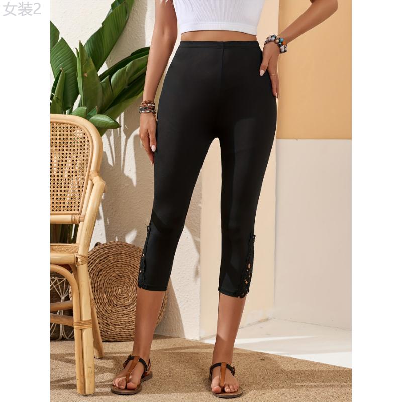 Chic High-Waist Capri Leggings with Stylish Hollow-Out Detailing - Comfortable & Versatile Casual Wear for Women, Breathable Fabric, Ideal for Any Occasion  Womenswear Bottom Womenswear Bottom Knit High Waist Highwaist Basic Minimalist