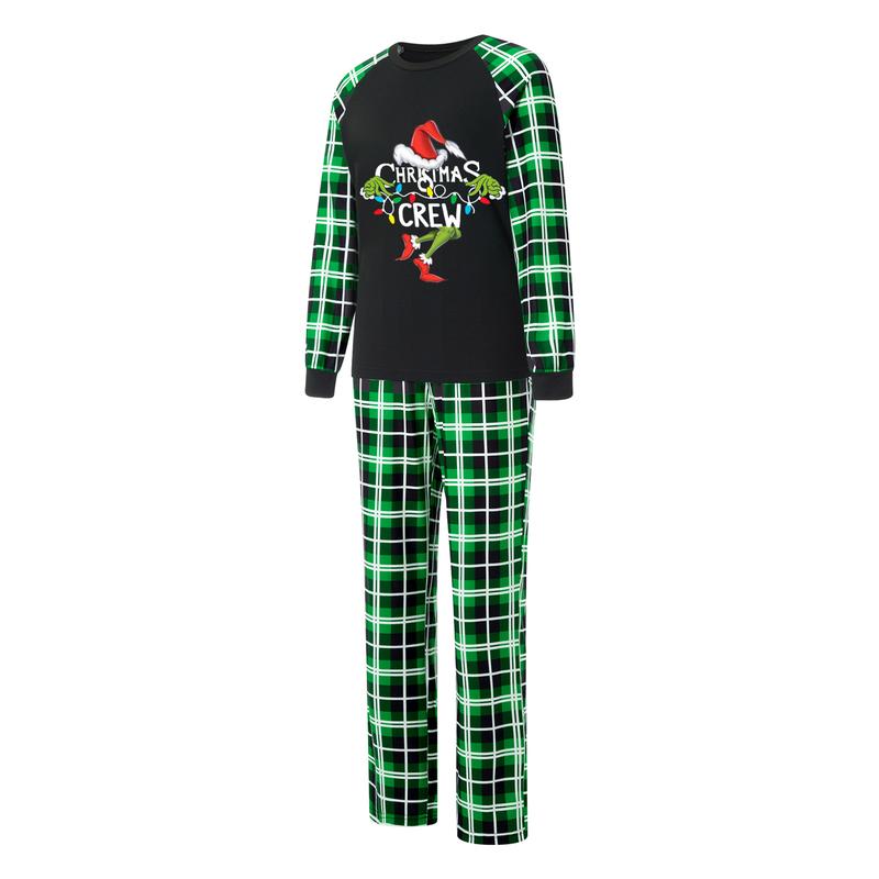 Christmas Pajamas For Family Christmas Family Pajamas Matching Set Letter Santa Hat Green Monster Print Long Sleeve Tops and Plaid Pants Sleepwear