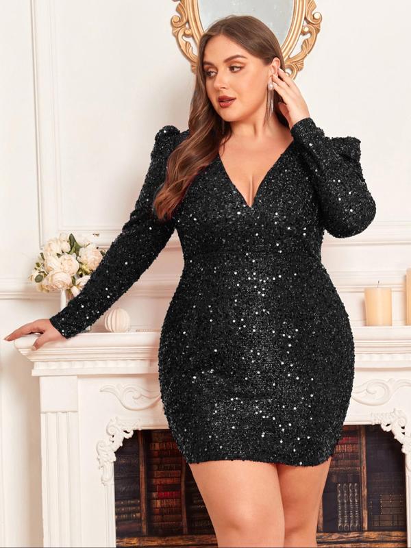  Glitter Sequins Deep V Neck Party Dress, Elegant Leg-of-mutton Sleeve Bodycon Short Dress, Women's Clothes for Spring & Fall