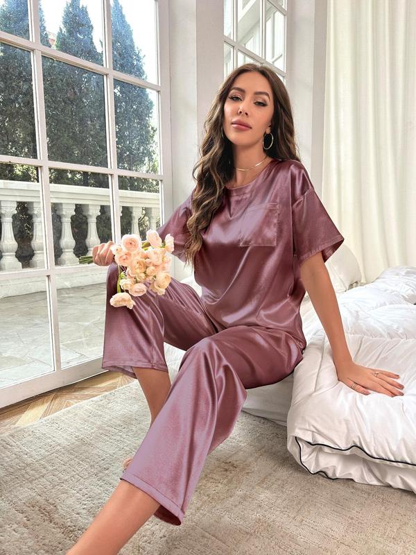 Women's 2pcs Satin Pyjamas Set, Round Neck Short Sleeve Pajama Set, Solid Chest Pocket Drop Shoulder Sleep Top & Elastic Waist Pants PJs Set, Women's Sleepwear & Loungewear for Summer