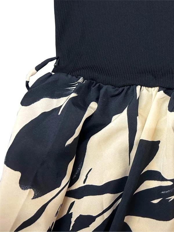 Women's Floral Print Tie Front Ruffle Hem A Line Skirt, Elegant Long Sleeve Round Neck Skirt for Spring & Fall, Women's Clothing for Daily Wear