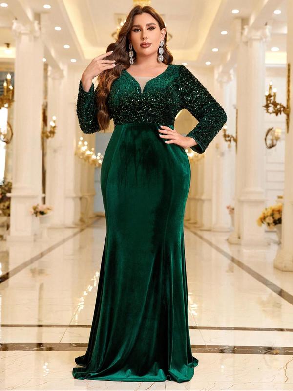  Contrast Sequin V Neck Mermaid Party Dress, Elegant Long Sleeve Party Evening Gown, Women's Clothes for Fall & Winter