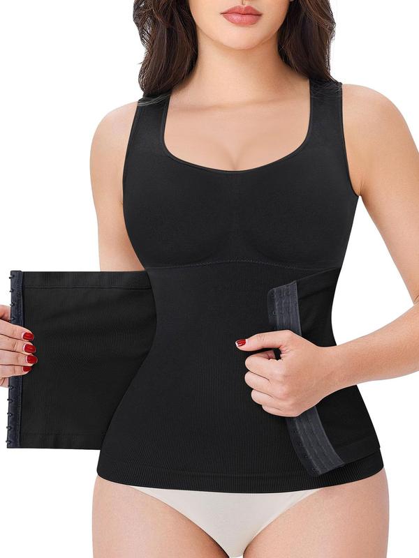 Women's Solid Seamless Shapewear Tank Top, Adjustable Hook & Eye Closure Shaper, Tummy Control Shaper for Daily Wear