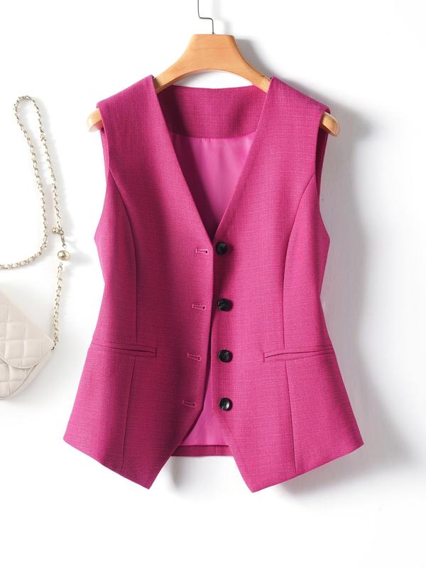 Women's Solid Button Front Fake Pocket Vest Blazer, Elegant V Neck Sleeveless Outerwear for Work Office Business, Ladies Spring & Fall Clothes