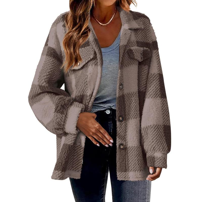 Women's 2024 New Autumn and Winter Plaid Lambswool Jacket with Pockets Button Plush Coat