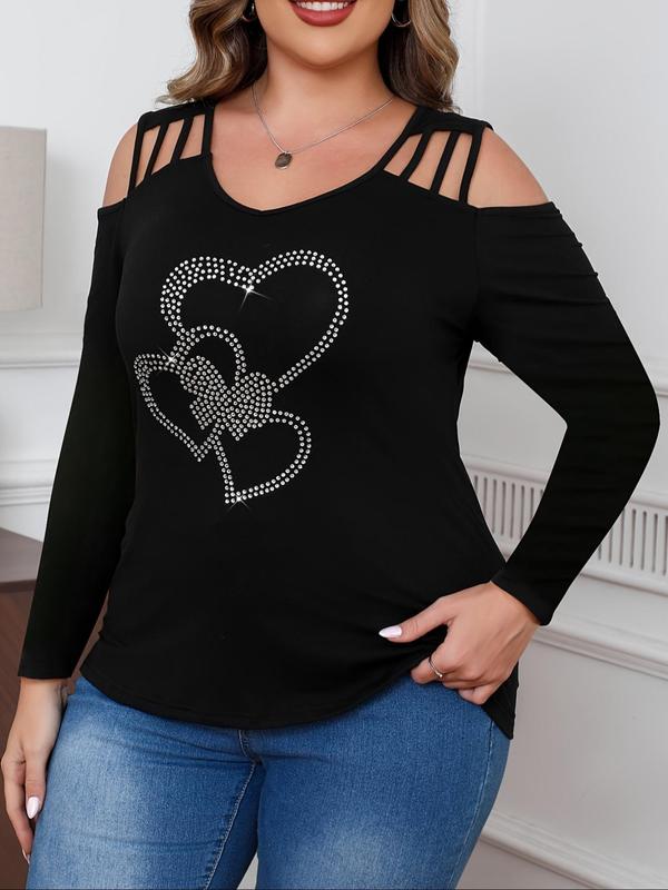  Rhinestone Heart Pattern Cold Shoulder Tee, Fashion Casual Cut Out Long Sleeve T-shirt for Daily Outdoor Wear, Women Clothing for Fall & Winter