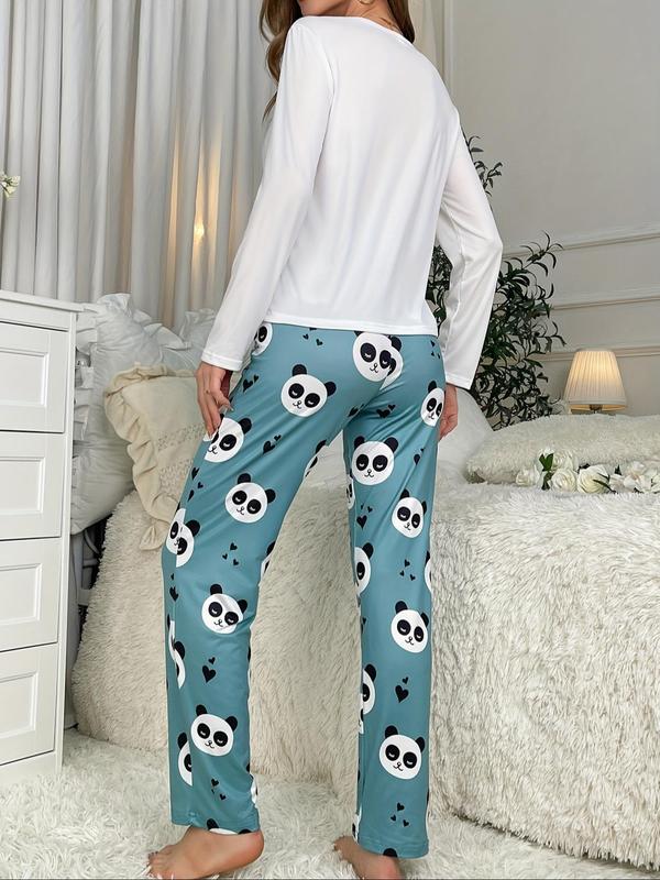 Two-piece Set Women's Cartoon Panda Print Tee & Elastic Waist Pants Pyjama, Casual Comfy Round Neck Long Sleeve T-shirt & Trousers Pj Set, Women's Sleepwear for Spring & Fall