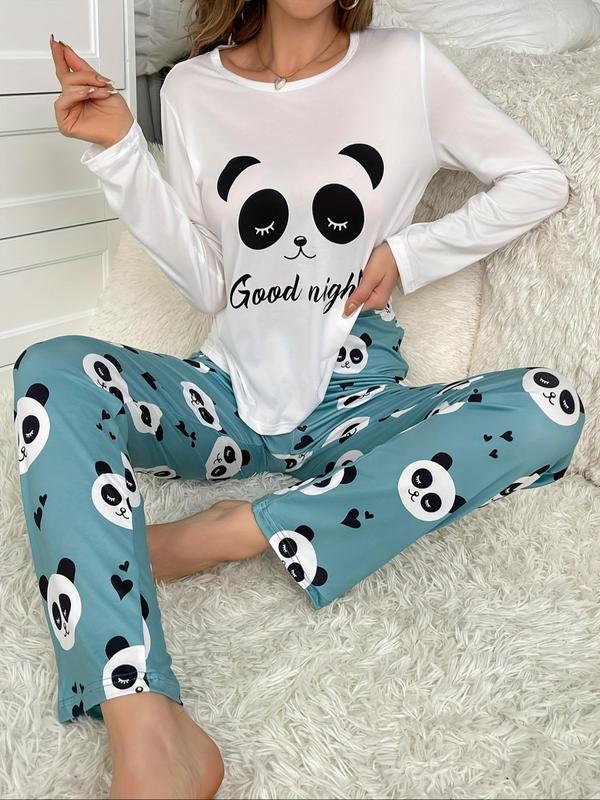 Two-piece Set Women's Cartoon Panda Print Tee & Elastic Waist Pants Pyjama, Casual Comfy Round Neck Long Sleeve T-shirt & Trousers Pj Set, Women's Sleepwear for Spring & Fall