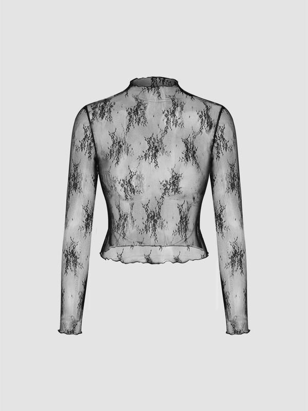 Women's Floral Lace Sheer Lettuce Trim Top, Elegant Long Sleeve Stand Collar Top for Daily Wear, Ladies Clothes for All Seasons