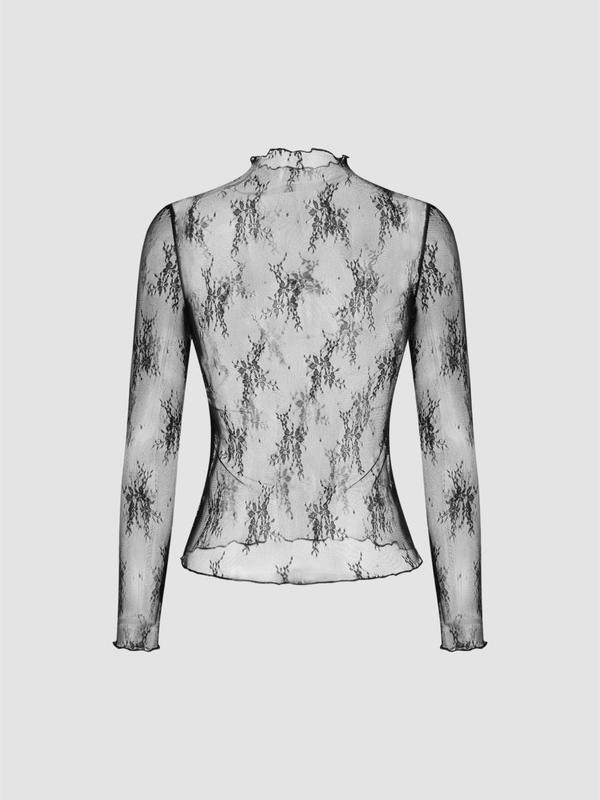 Women's Floral Lace Sheer Lettuce Trim Top, Elegant Long Sleeve Stand Collar Top for Daily Wear, Ladies Clothes for All Seasons