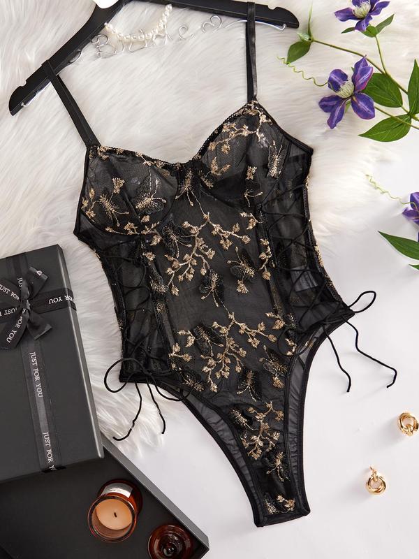 Women's Butterfly Embroidery Lace Up Sheer Tulle Sexy Bodysuit, Elegant Sexy Adjustable Strap Lingerie Bodysuit, Women Sexy Underwear for All Seasons