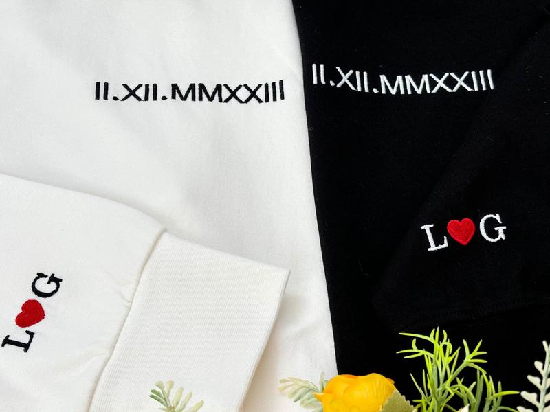 Embroidered Matching Couple Hoodies | Roman Numeral Sweatshirt Hoodie | Initial Heart on Sleeve | Personalized Valentines Day Gift