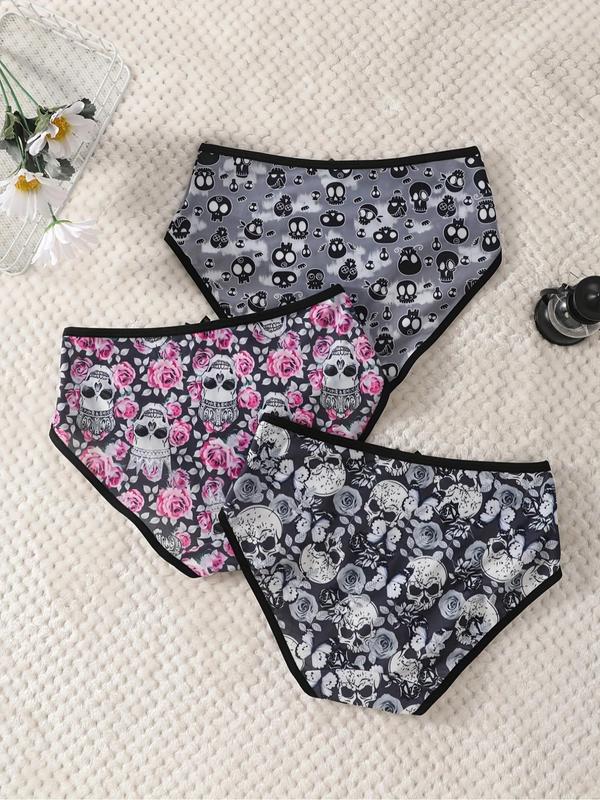 Women's Skull & Floral Print Bow Front Knicker, Casual Comfy Breathable Panty for Daily Wear, Ladies Underwear for All Seasons