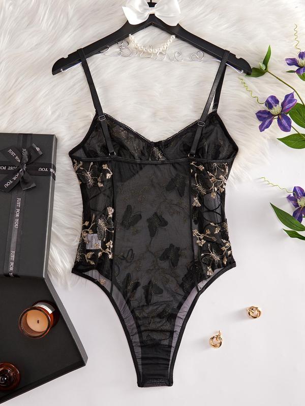 Women's Butterfly Embroidery Lace Up Sheer Tulle Sexy Bodysuit, Elegant Sexy Adjustable Strap Lingerie Bodysuit, Women Sexy Underwear for All Seasons