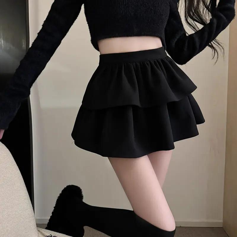 Preppy Style Women's Sweet Mini Skirt Elastic Waist Cute All-Match Cake Skirt Solid Trendy Skirt Shorts Autumn Casual Y2K Skirt2024