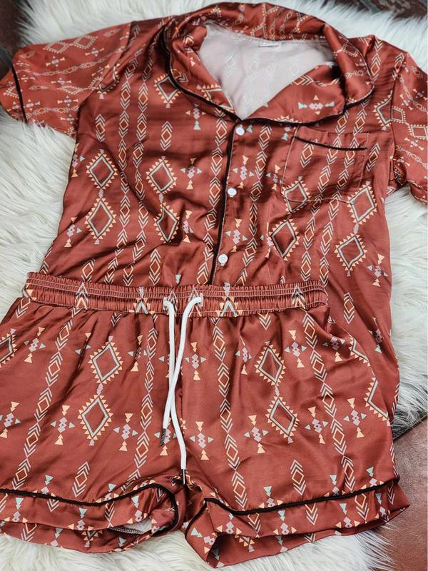 Rust Aztec Silky Pajama Set - Long and Short Sleepwear