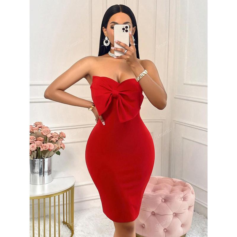 Women's Elegant & Sexy Red Color Big Bow Decor Fitted Tube Dress For Party ,Christmas Party,Valentines Day,Bachelor Party