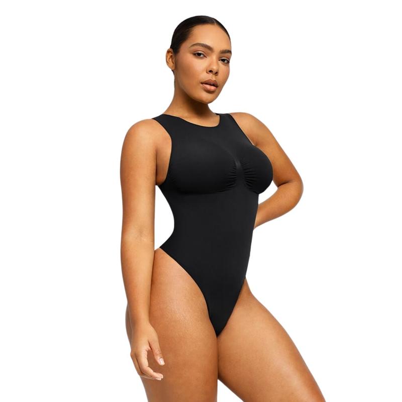 Shapellx 3 Piece Seamless Simple Bodysuit High Classic Round Neck Thong Comfort Tops Breathable Women