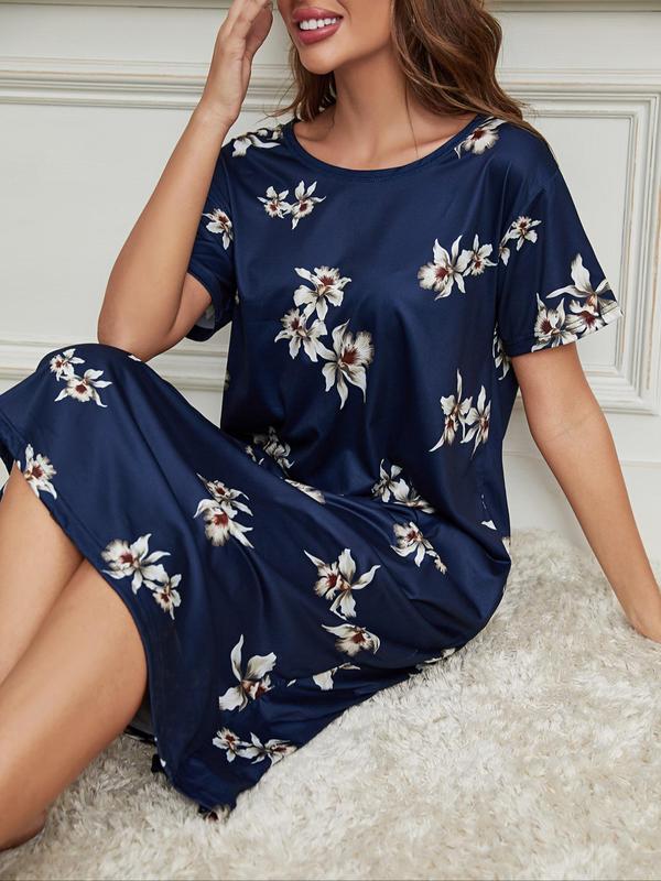 Women's Floral Print Round Neck Nightdress PJ, Crew Neck Short Sleeve Nightgown Nighties, Soft Comfy Pyjama Homewear Dress for Summer