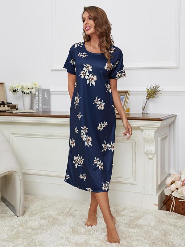 Women's Floral Print Round Neck Nightdress PJ, Crew Neck Short Sleeve Nightgown Nighties, Soft Comfy Pyjama Homewear Dress for Summer