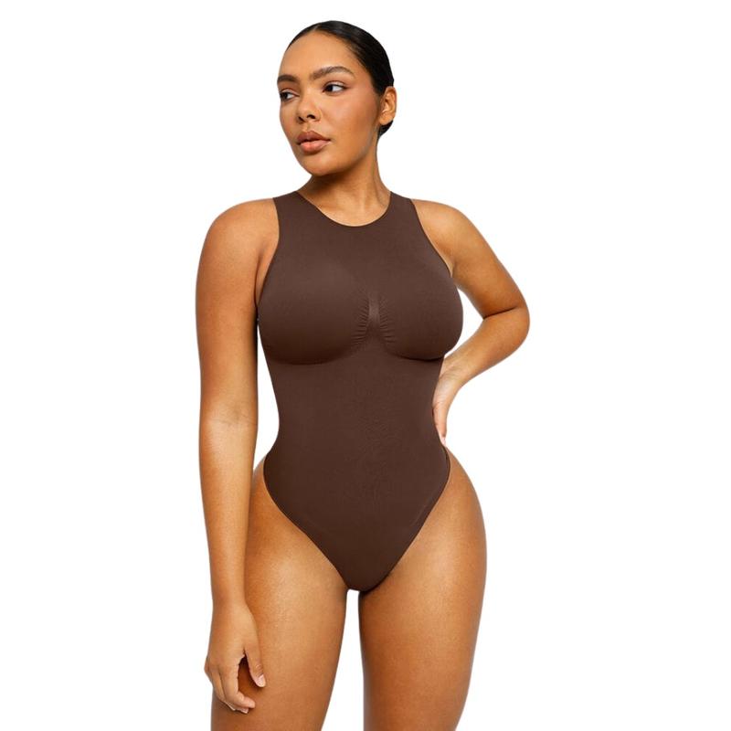 Shapellx 3 Piece Seamless Simple Bodysuit High Classic Round Neck Thong Comfort Tops Breathable Women