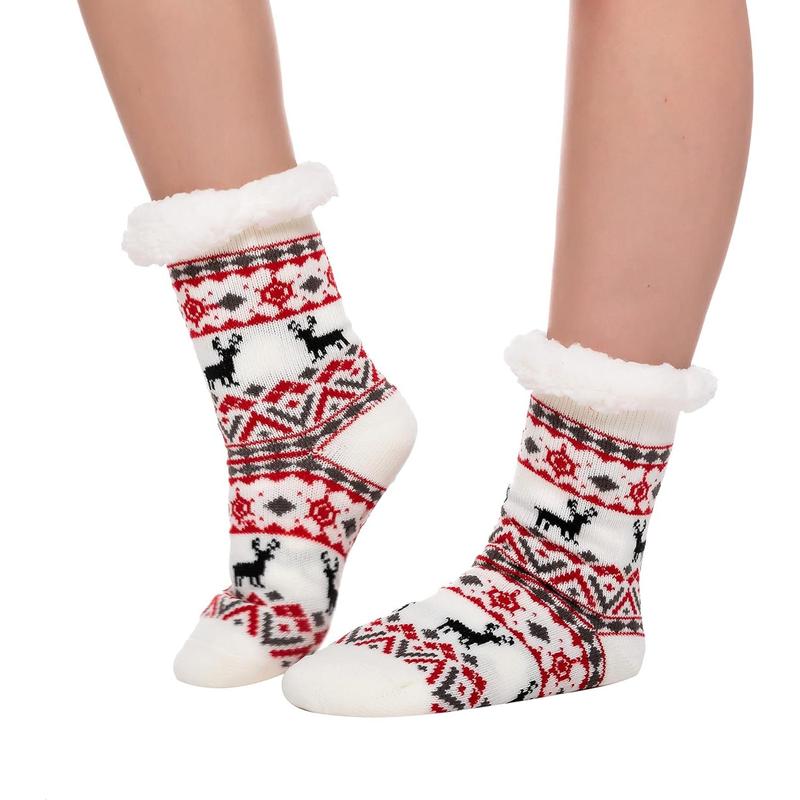 2 count Christmas Socks Women's Fleece Fuzzy Soft Slipper Socks Soft Crew Socks for Winter Christmas Party Gifts