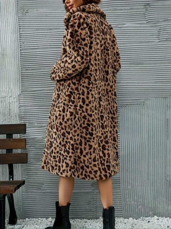 Women's Leopard Print Pocket Open Front Fuzzy Coat, Casual Long Sleeve Collared Outerwear for Fall & Winter, Women's Clothes for Daily Wear