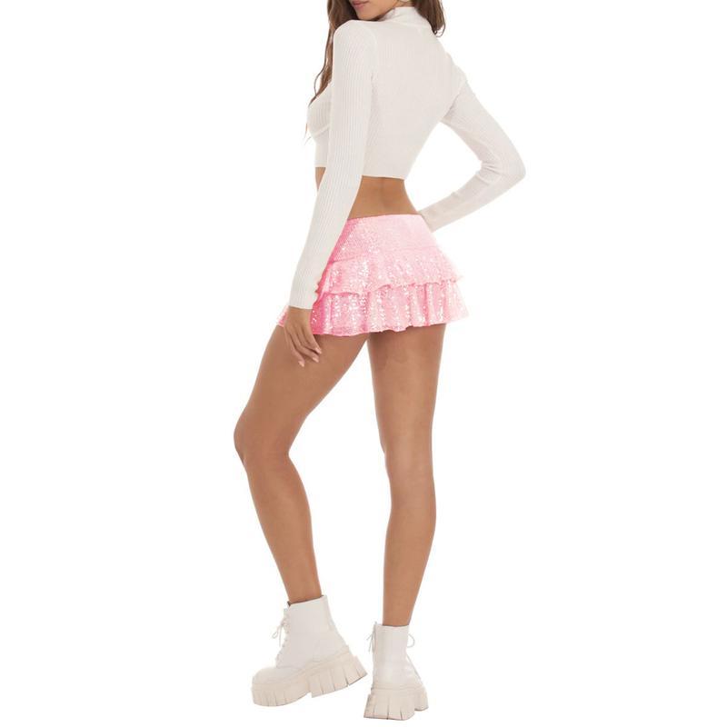 Women Sparkle Sequin Mini Skirts Hotsweet Summer Low Waist Solid Color Ruffles A-line Carnival Rave Skirts for Club Party Streetwear