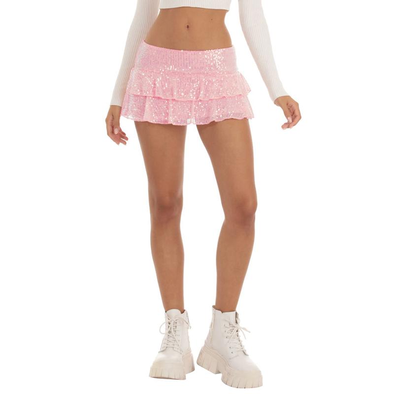 Women Sparkle Sequin Mini Skirts Hotsweet Summer Low Waist Solid Color Ruffles A-line Carnival Rave Skirts for Club Party Streetwear