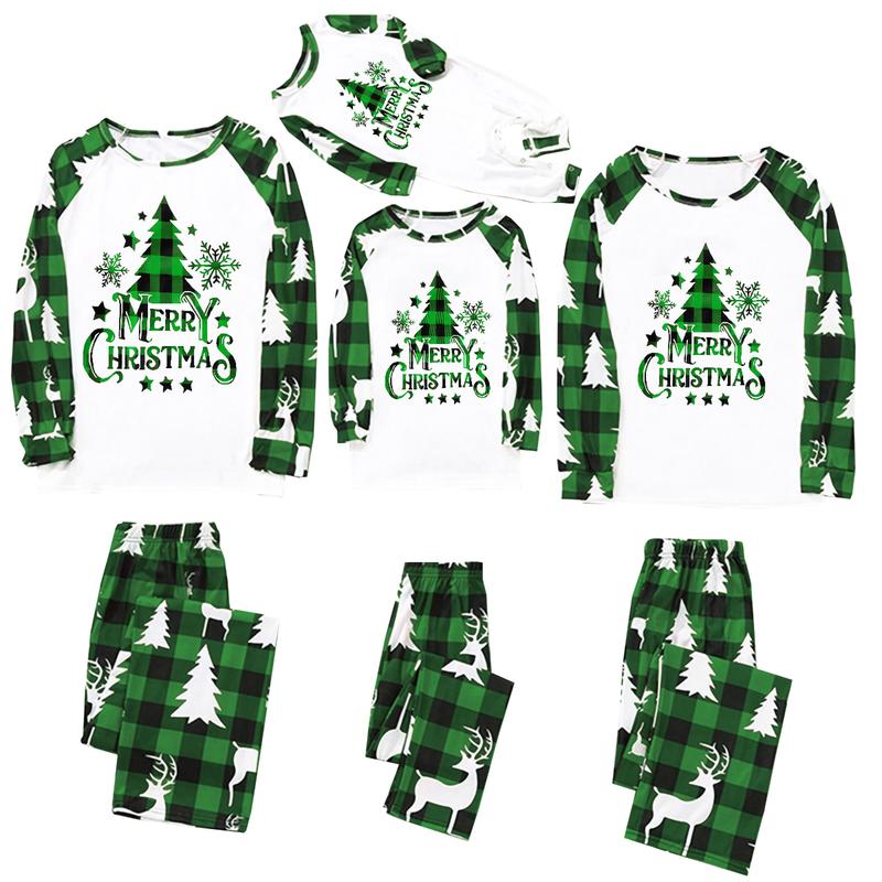 Matching Christmas Pajamas For Family, Long Sleeve Round Neck Tree Print Tops+ Trousers Suit  Infants Romper