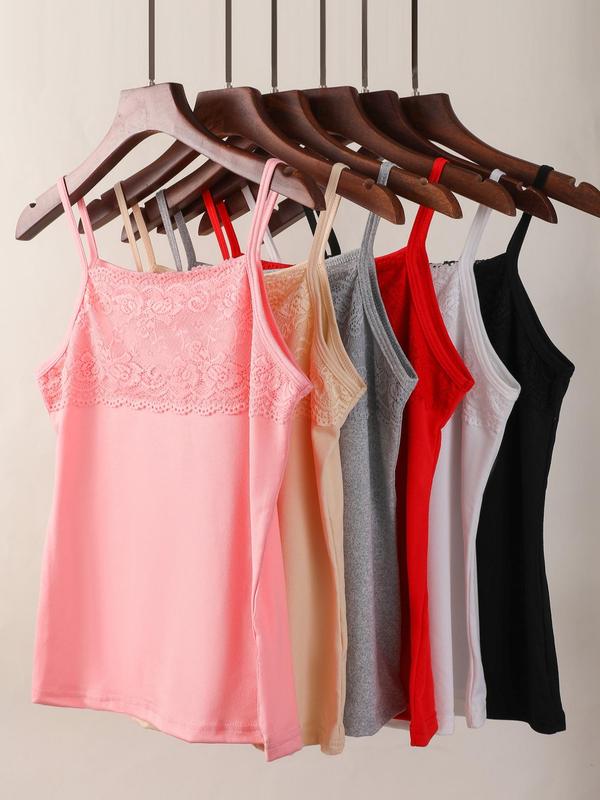 Women's Contrast Lace Cami Top, Casual Soft Comfortable Sleeveless Spaghetti Strap Top for Daily Wear, Ladies Sleepwear for All Seasons