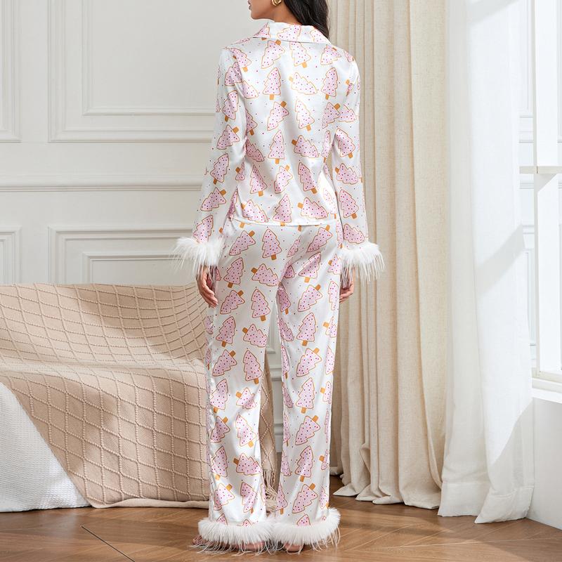 Christmas Pajamas for Women Silk Satin Lounge Sets Feather Trim Long Sleeve Shirt Pants Christmas Pjs Loungewear Nightwear Womenswear Light Print