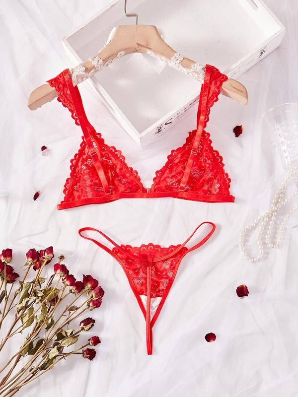 Women's Plain Floral Lace Sexy Lingerie Set, Sexy Adjustable Strap Bra & Thong Set, Soft Comfy Breathable Lingerie Set for Women