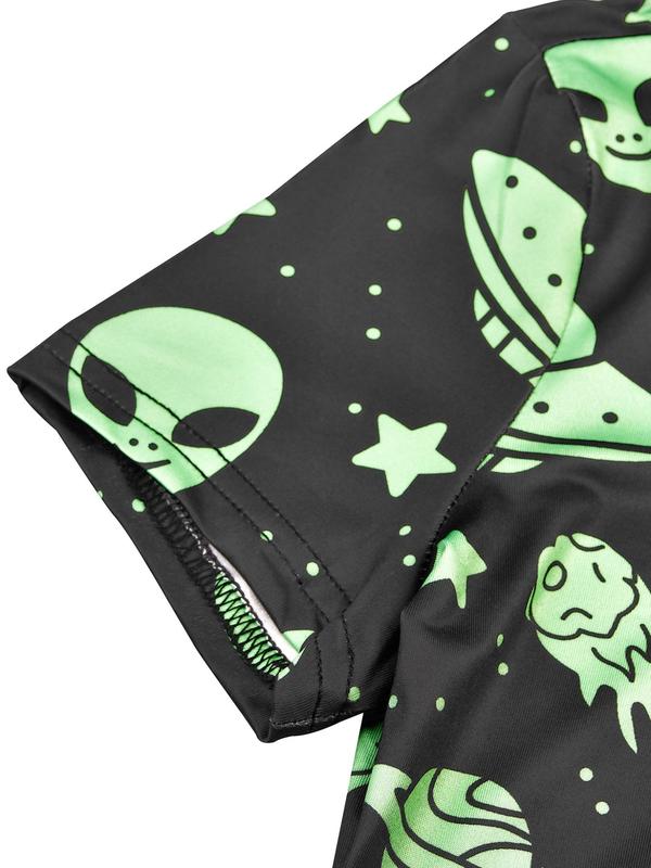 Women's All Over Cartoon Alien Print Button Front Romper, Casual Cute V Neck Short Sleeve Romper For Daily Wear Vacation Holiday, Ladies Summer Clothes